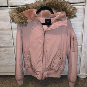 Pink puffer jacket coat with fur hood